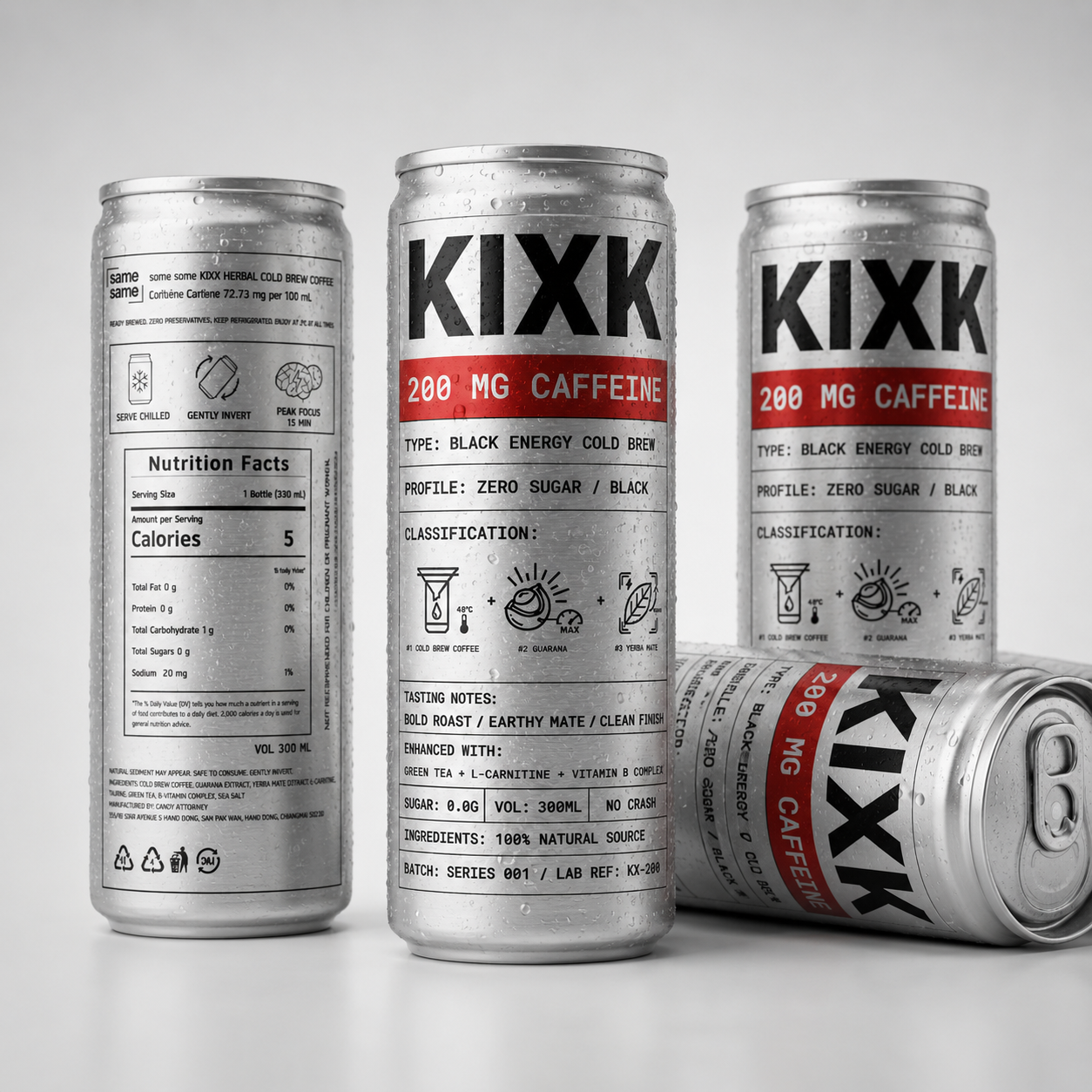 A chilled collection of KIXK cold brew coffee cans