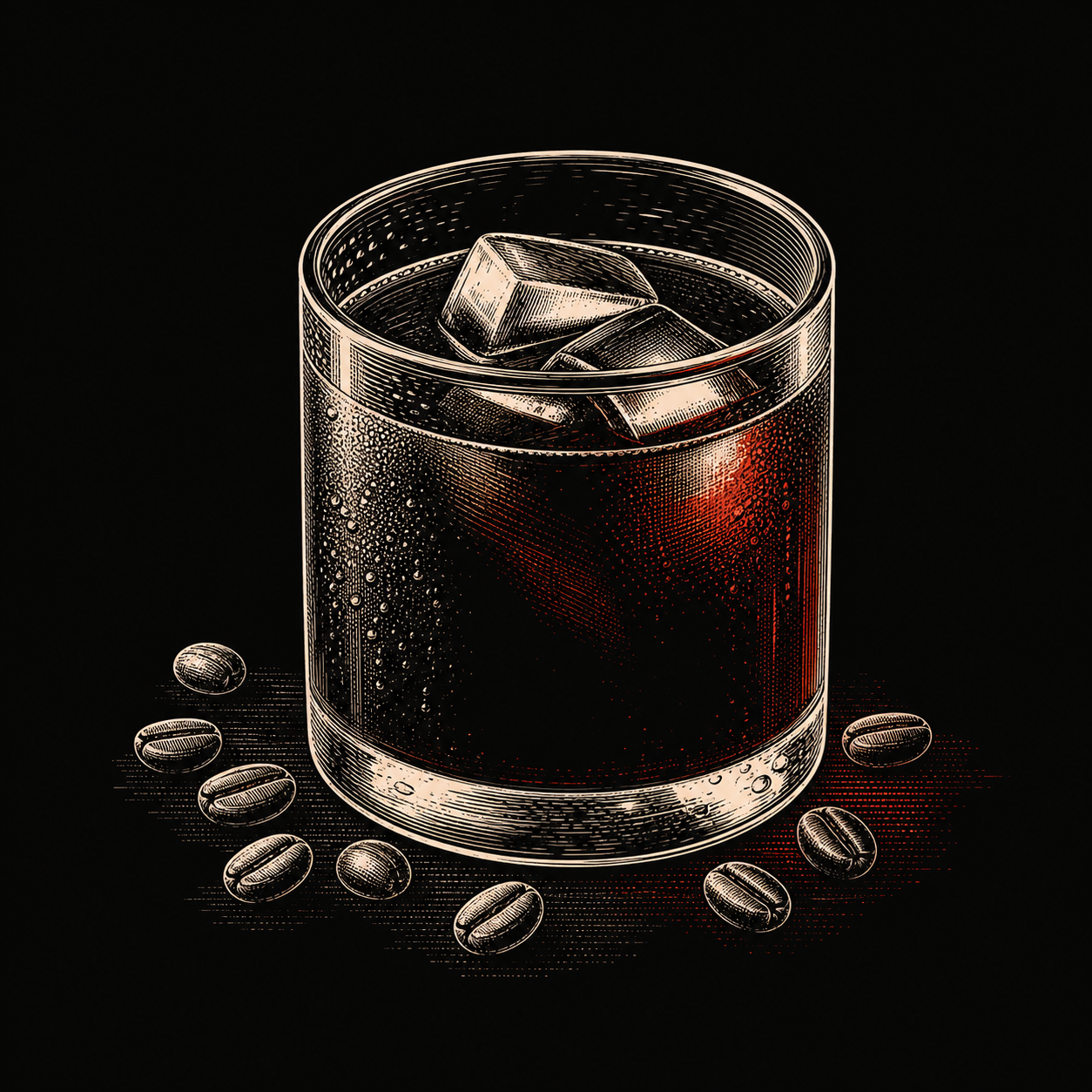 Line illustration of cold brew coffee and roasted coffee beans
