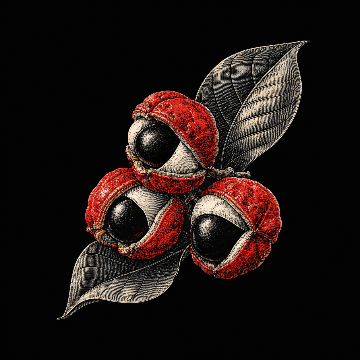 Line illustration of guarana fruit and leaves